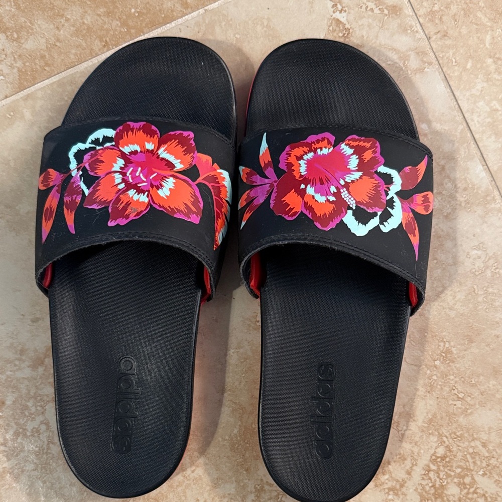 Adidas Women's Adillete Black and Red Floral Sandals